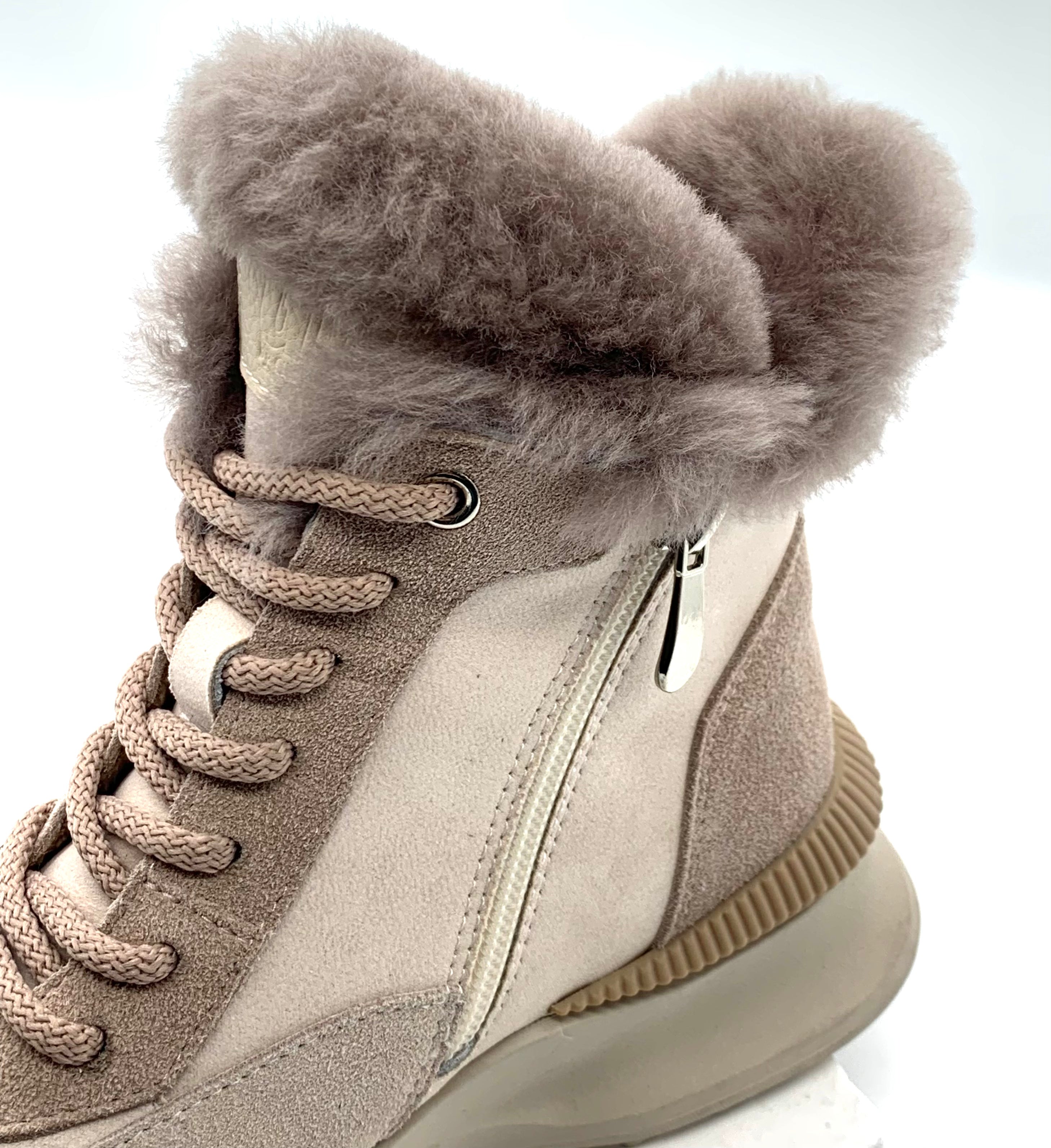 Women's Beige Leather Fleece High Top Womens Boots with Wool Lining, Side Zipper and Chunky Sole