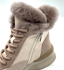 Women's Beige Leather Fleece High Top Womens Boots with Wool Lining, Side Zipper and Chunky Sole