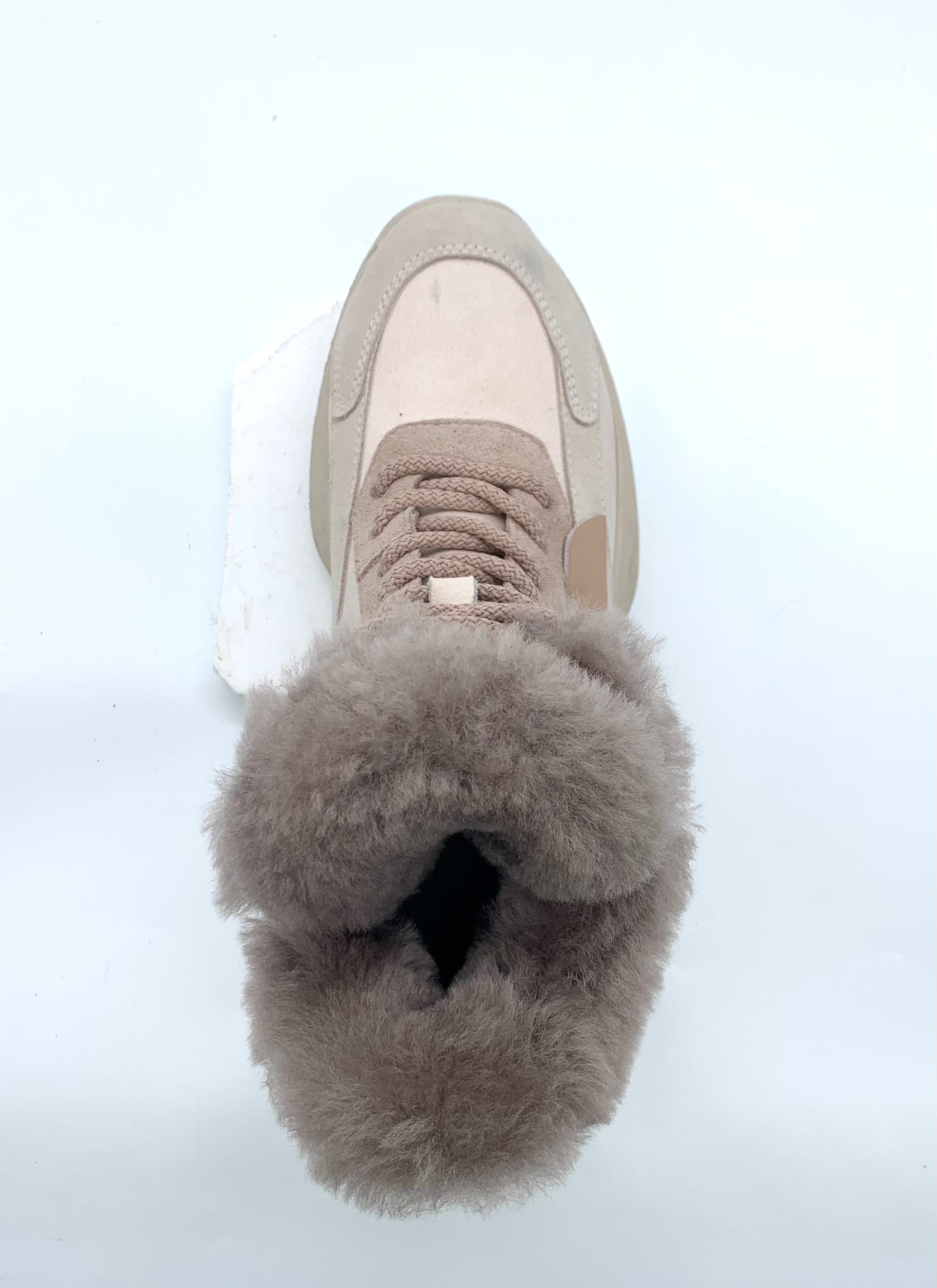 Women's Beige Leather Fleece High Top Womens Boots with Wool Lining, Side Zipper and Chunky Sole