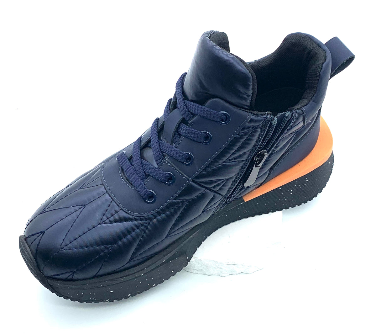 Women's Navy Blue Quilted High - Top Sneakers with Side Zipper & Chunky Sole