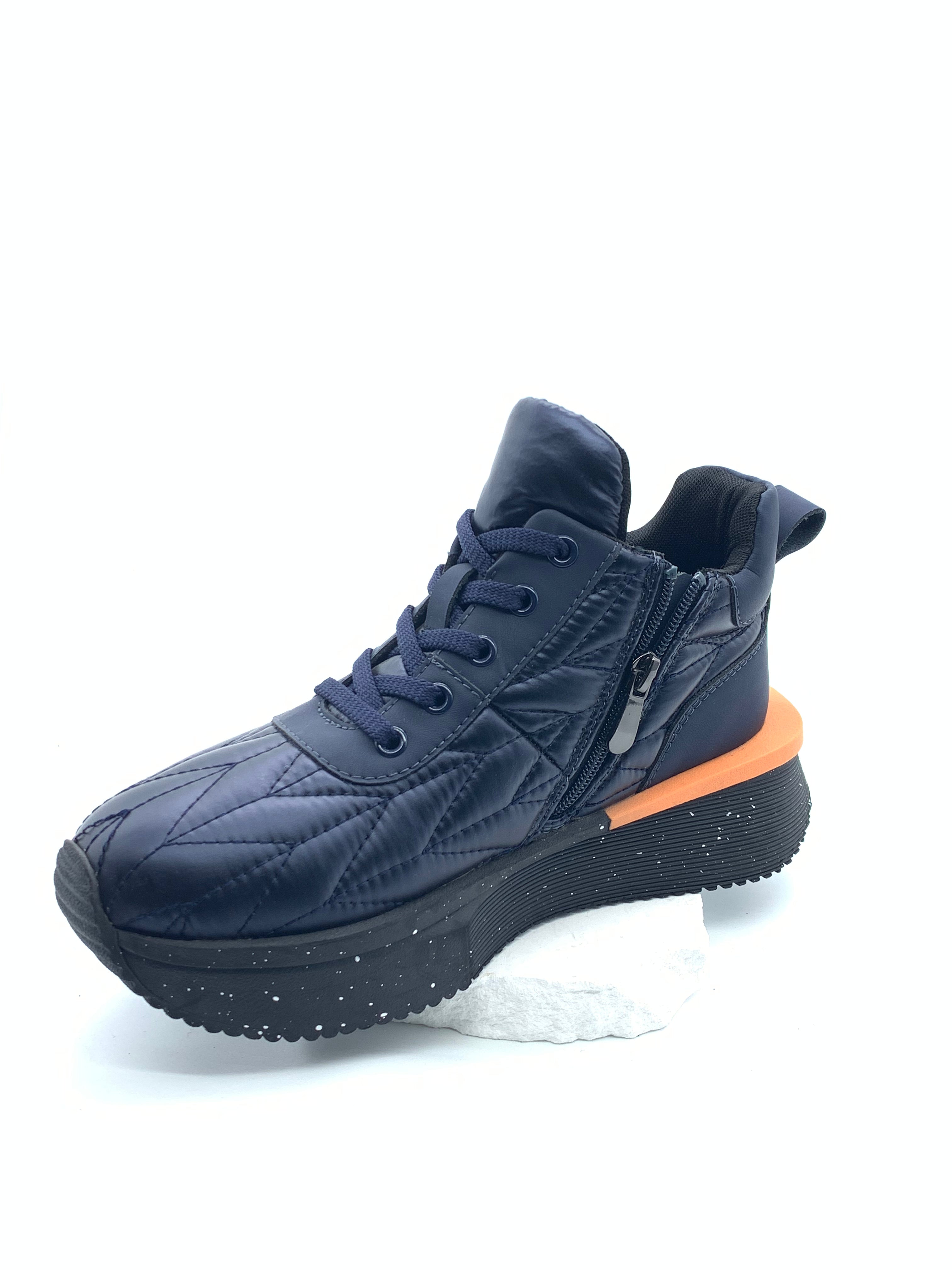 Women's Navy Blue Quilted High - Top Sneakers with Side Zipper & Chunky Sole