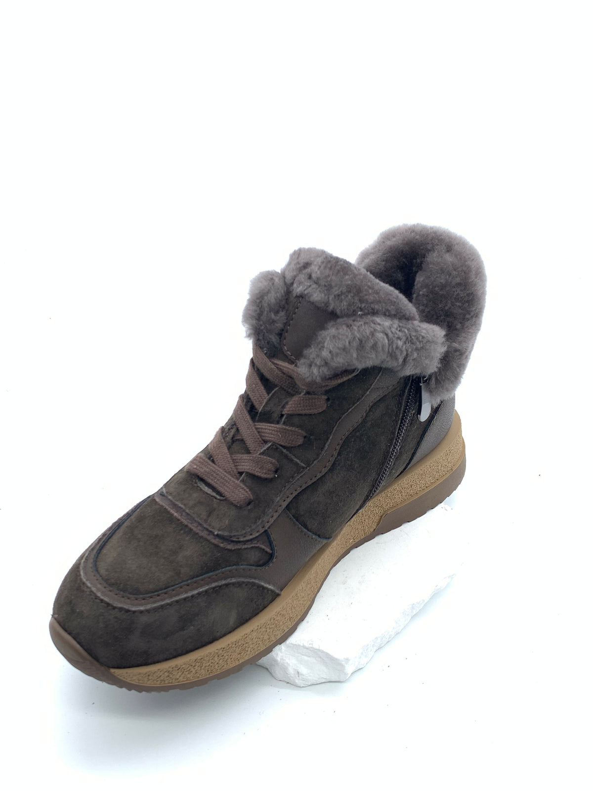 Women's Dark Brown Suede Winter Ankle Boots with Fleece Lining, Side Zipper & Retro Sole