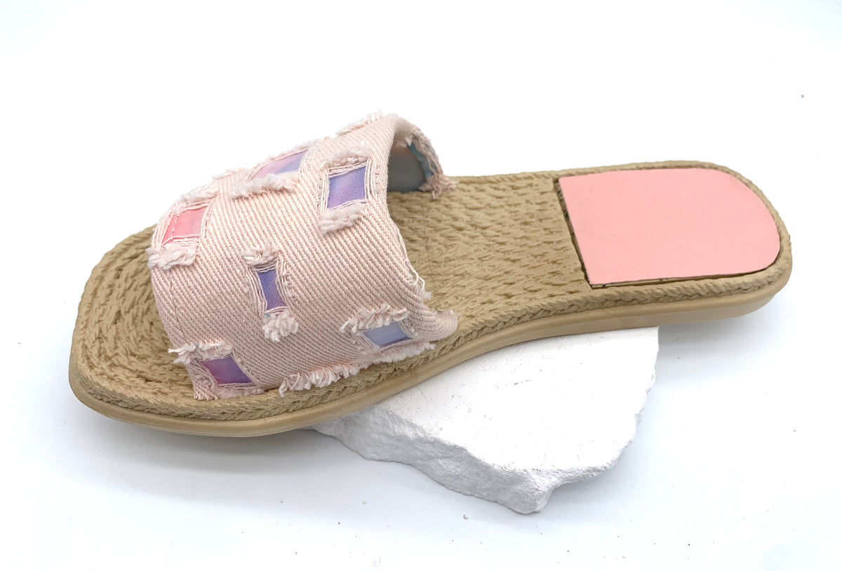 Patchwork Denim Slides - Dreamy Bohemian Vibe on Your Feet - pink