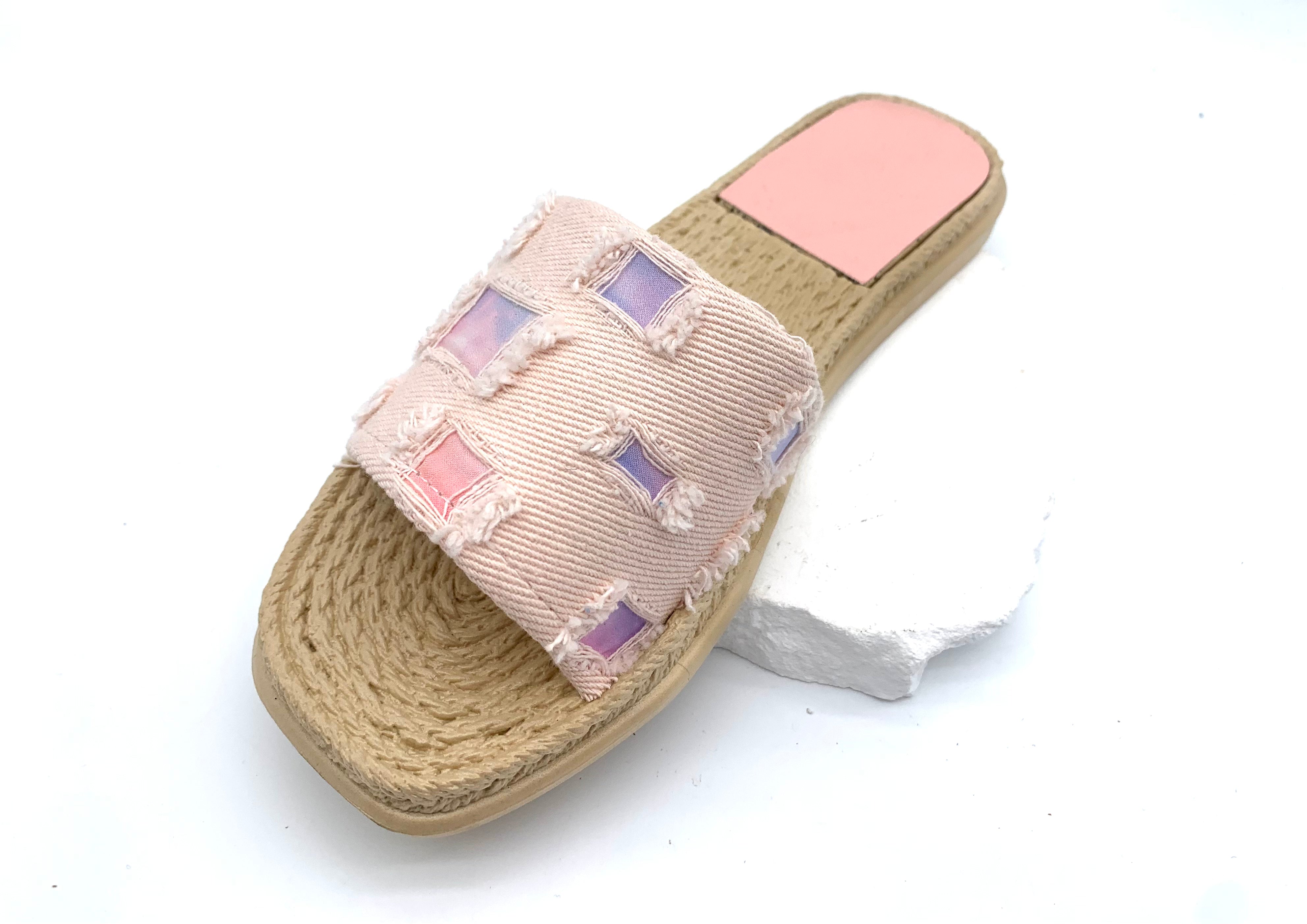 Patchwork Denim Slides - Dreamy Bohemian Vibe on Your Feet - pink