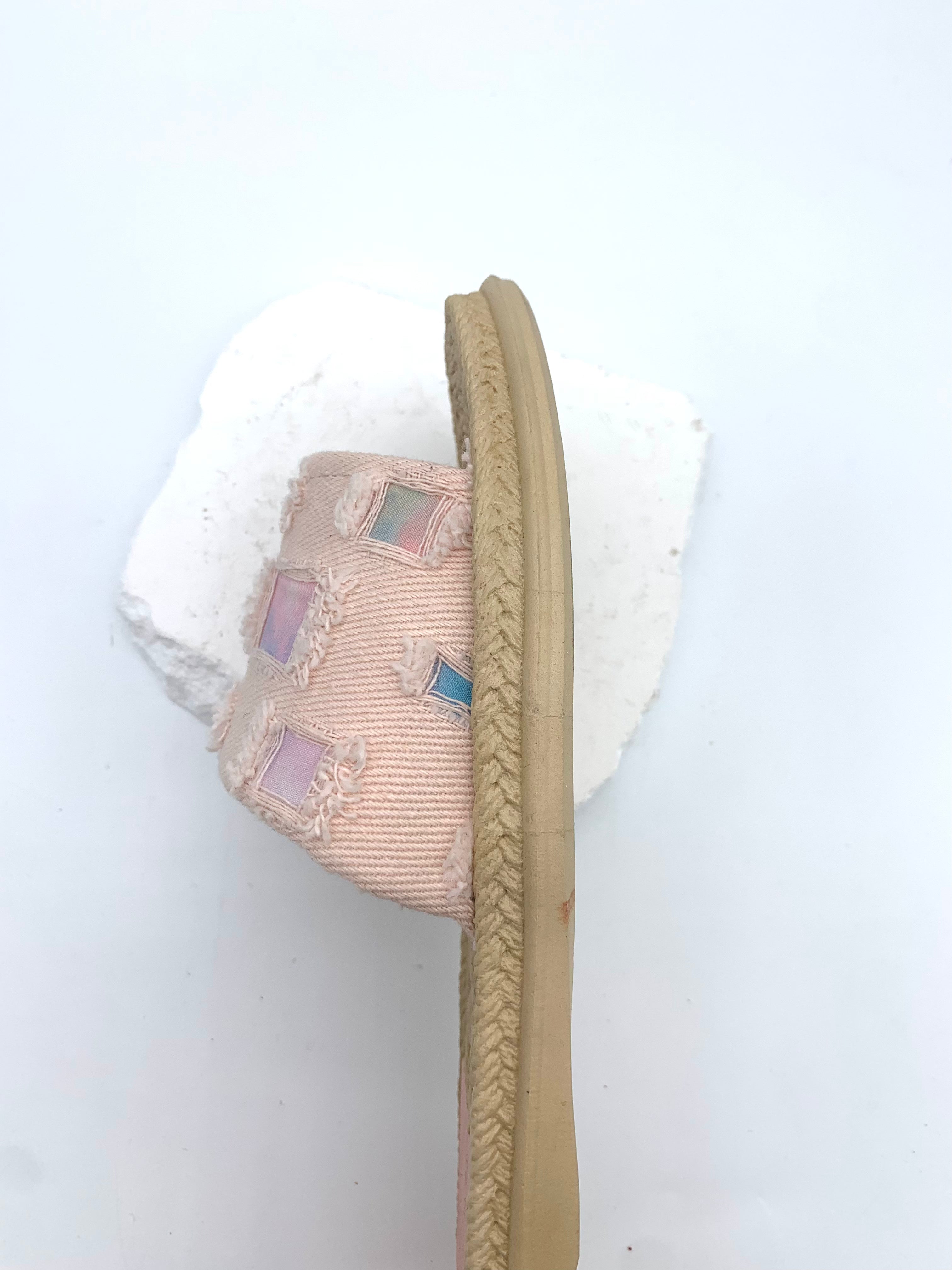 Patchwork Denim Slides - Dreamy Bohemian Vibe on Your Feet - pink