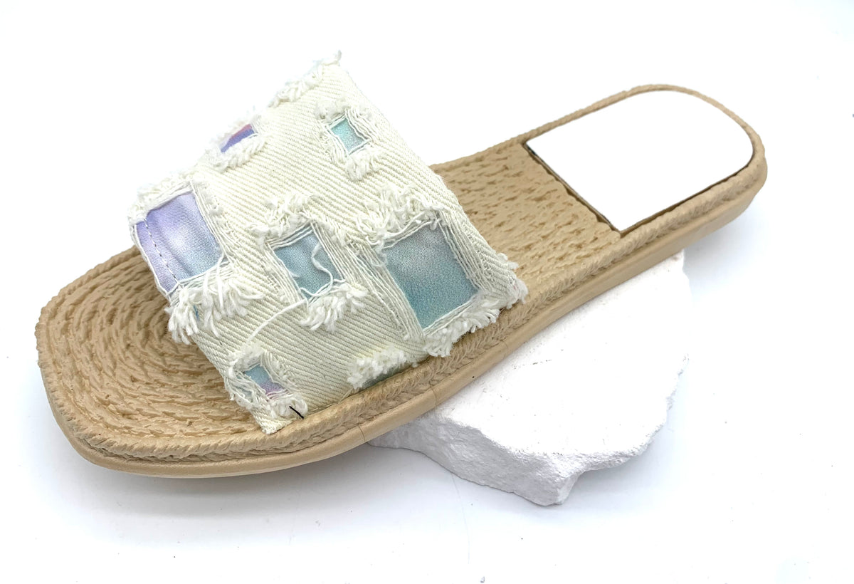 Patchwork Denim Slides - Dreamy Bohemian Vibe on Your Feet - bule