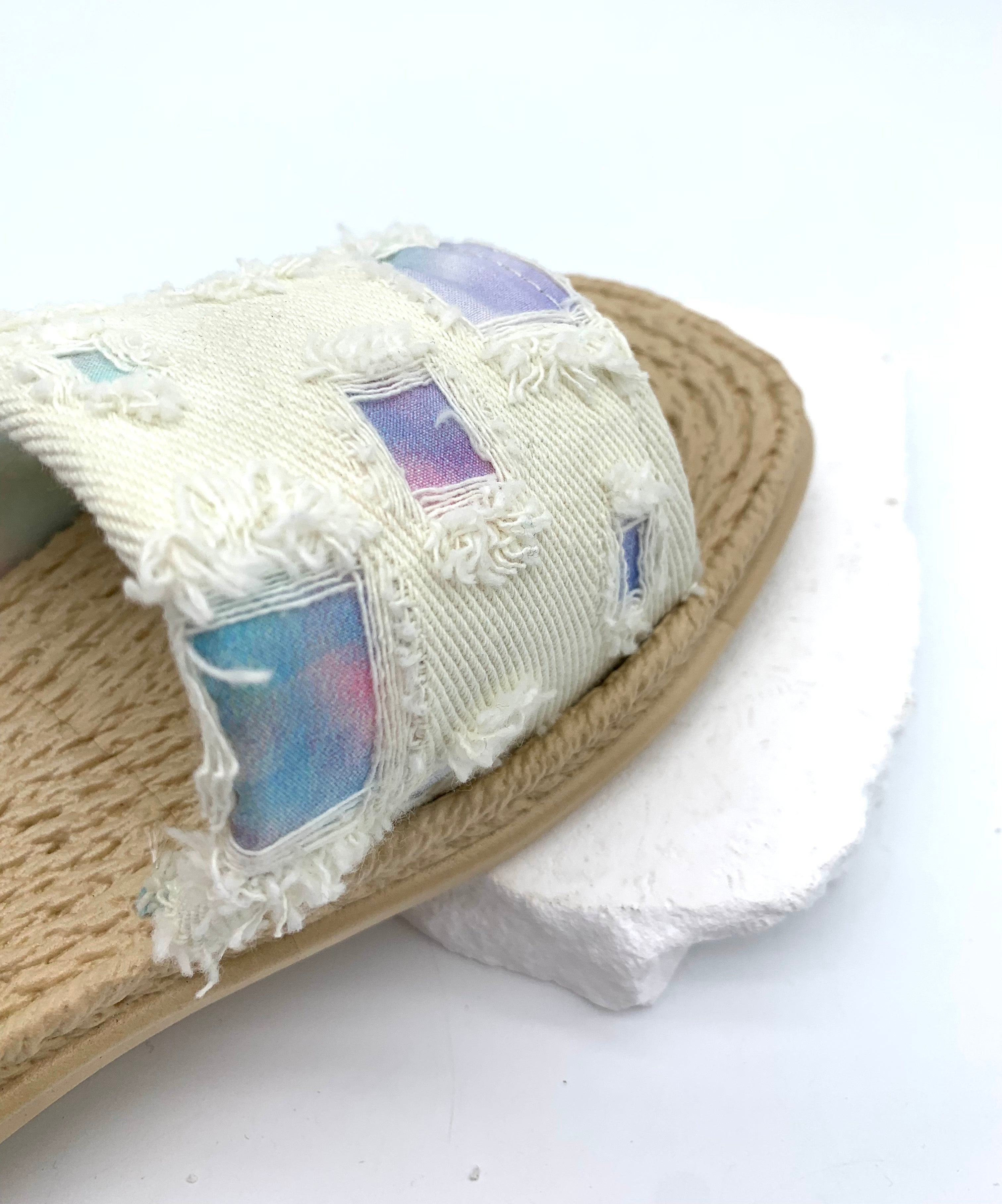 Patchwork Denim Slides - Dreamy Bohemian Vibe on Your Feet - bule