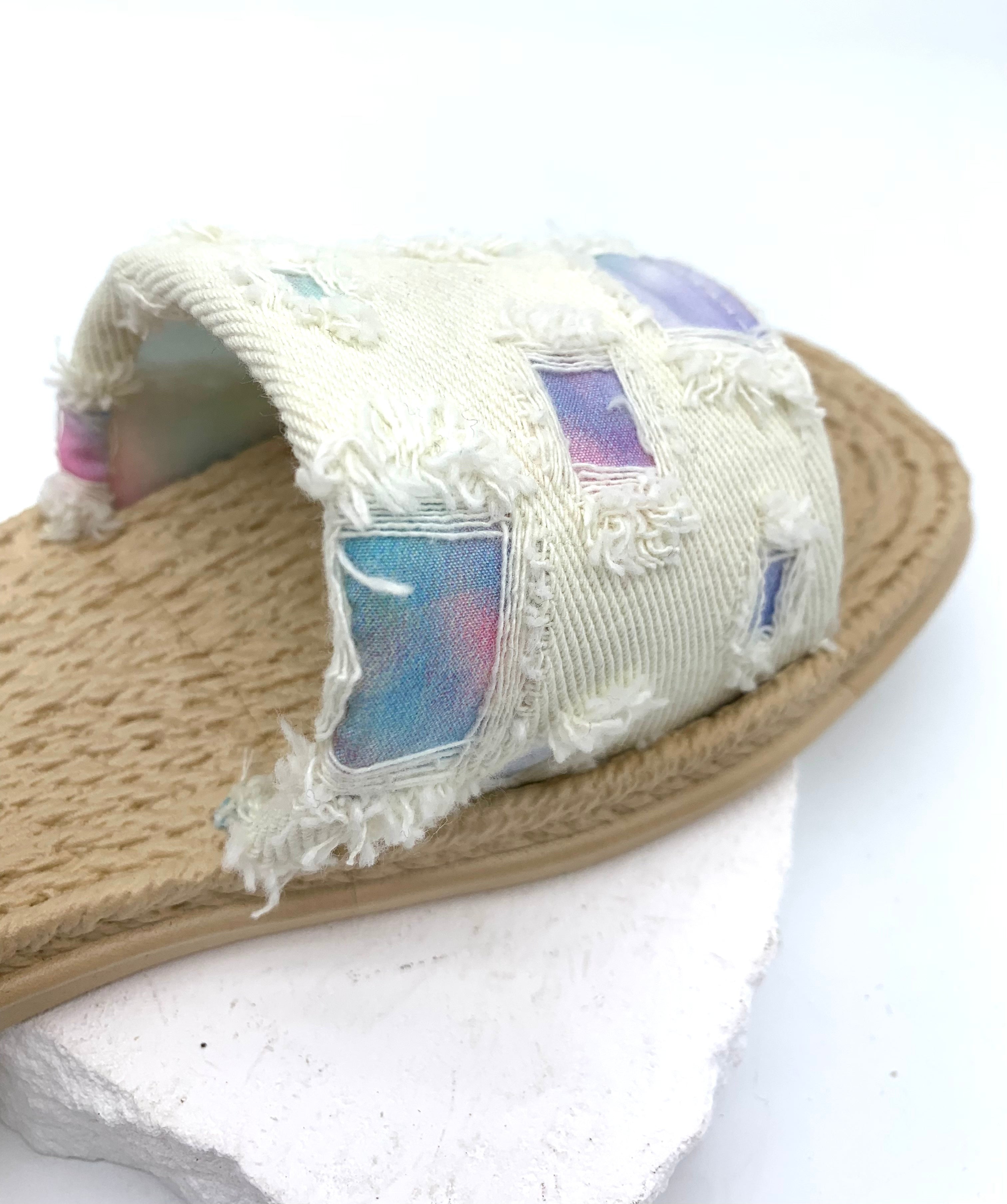 Patchwork Denim Slides - Dreamy Bohemian Vibe on Your Feet - bule
