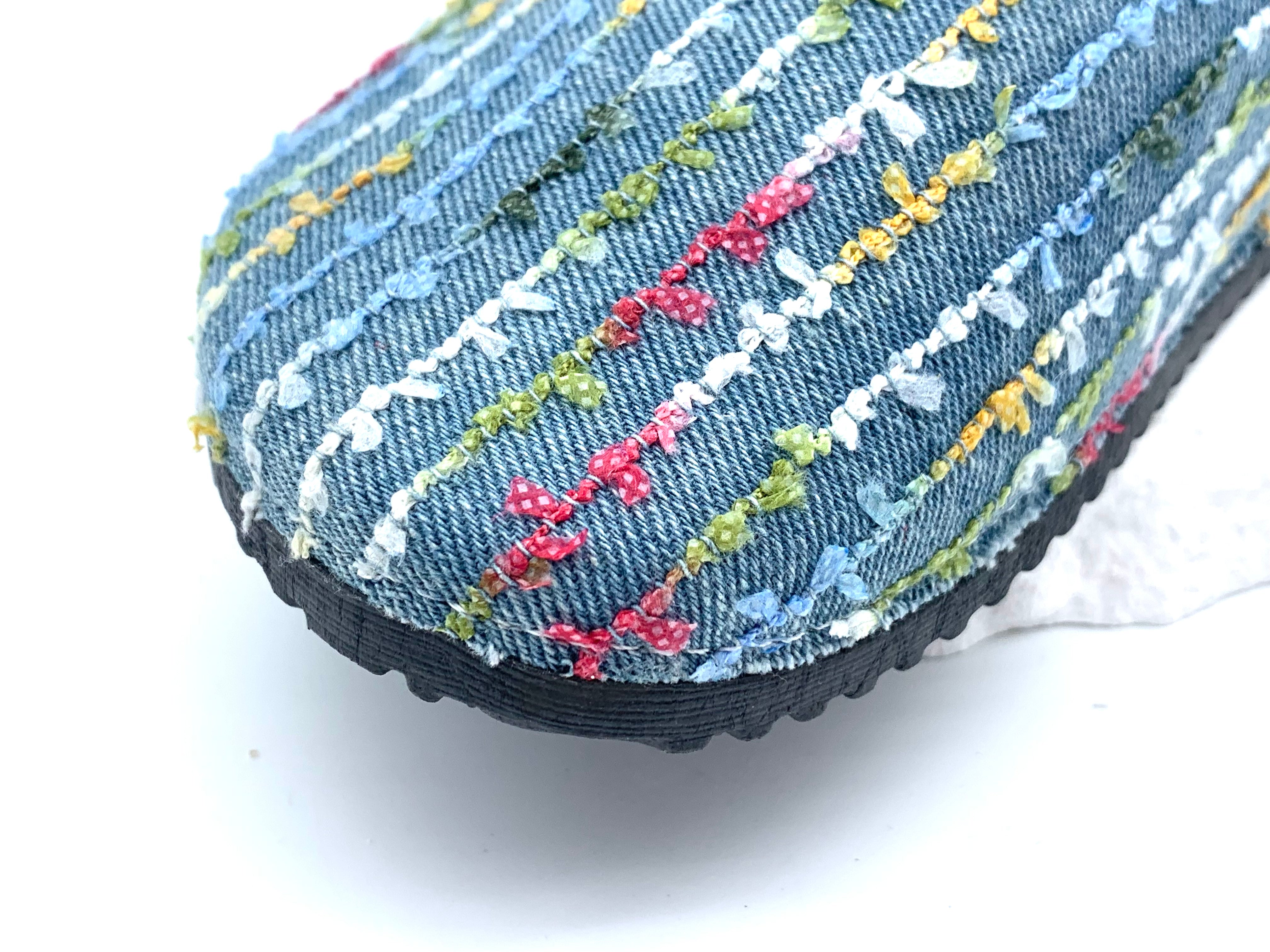 Denim Patchwork Cork Clogs On Feet - Rainbow Pieces-Micro suede insole