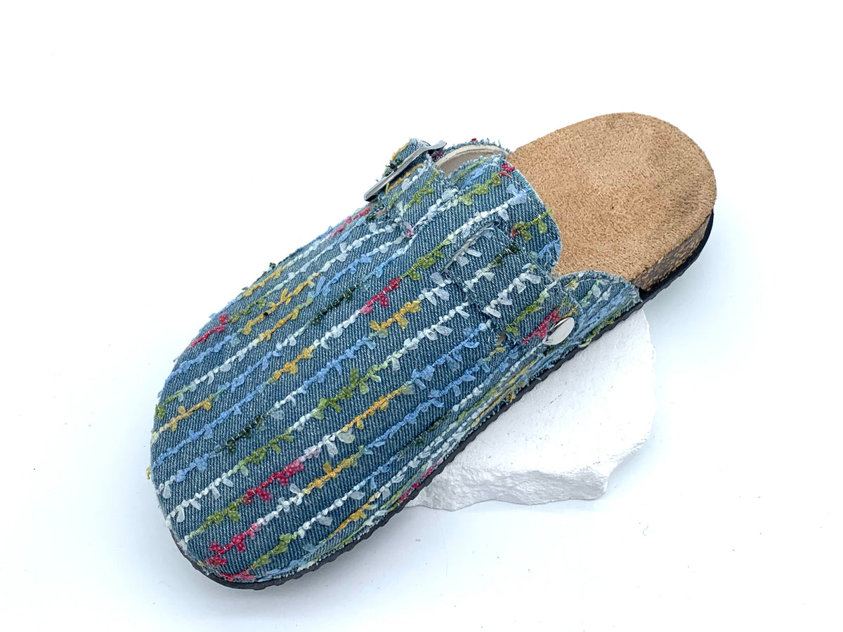 Denim Patchwork Cork Clogs On Feet - Rainbow Pieces-Micro suede insole