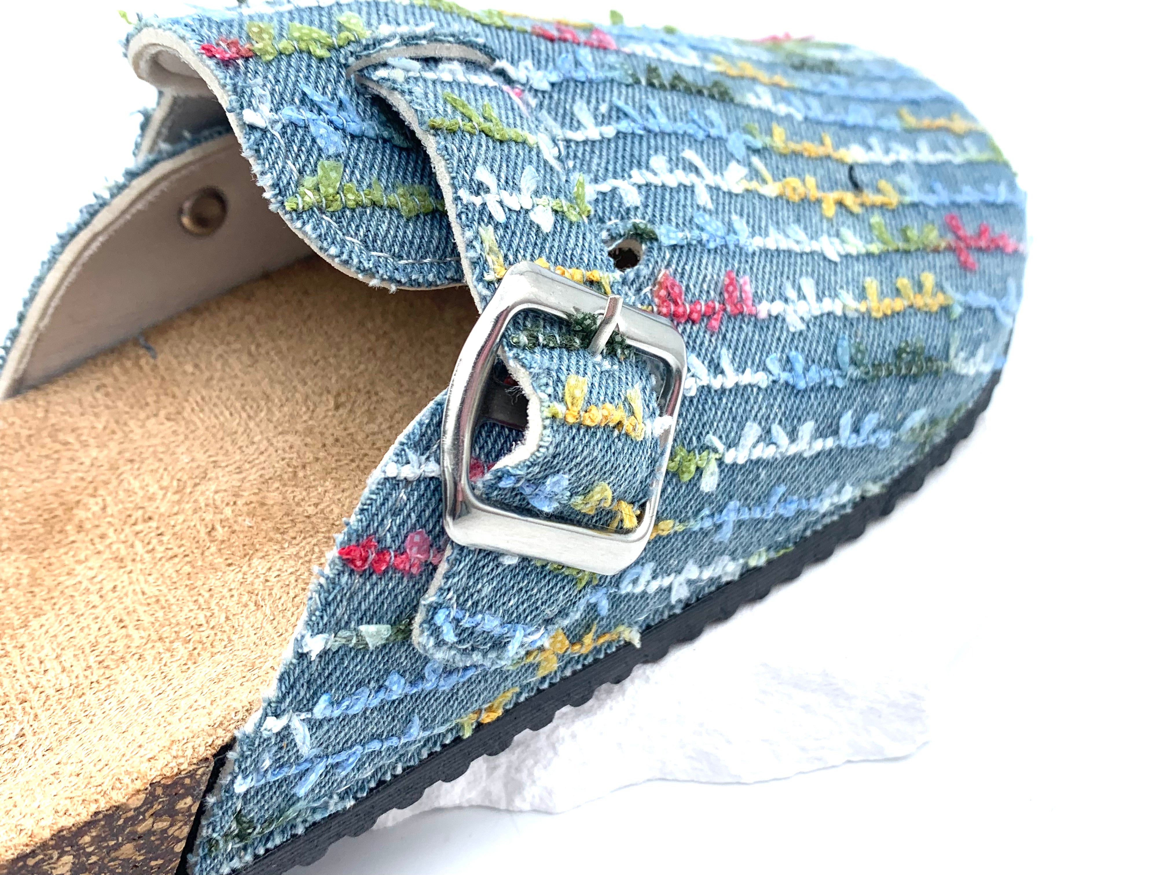 Denim Patchwork Cork Clogs On Feet - Rainbow Pieces-Micro suede insole
