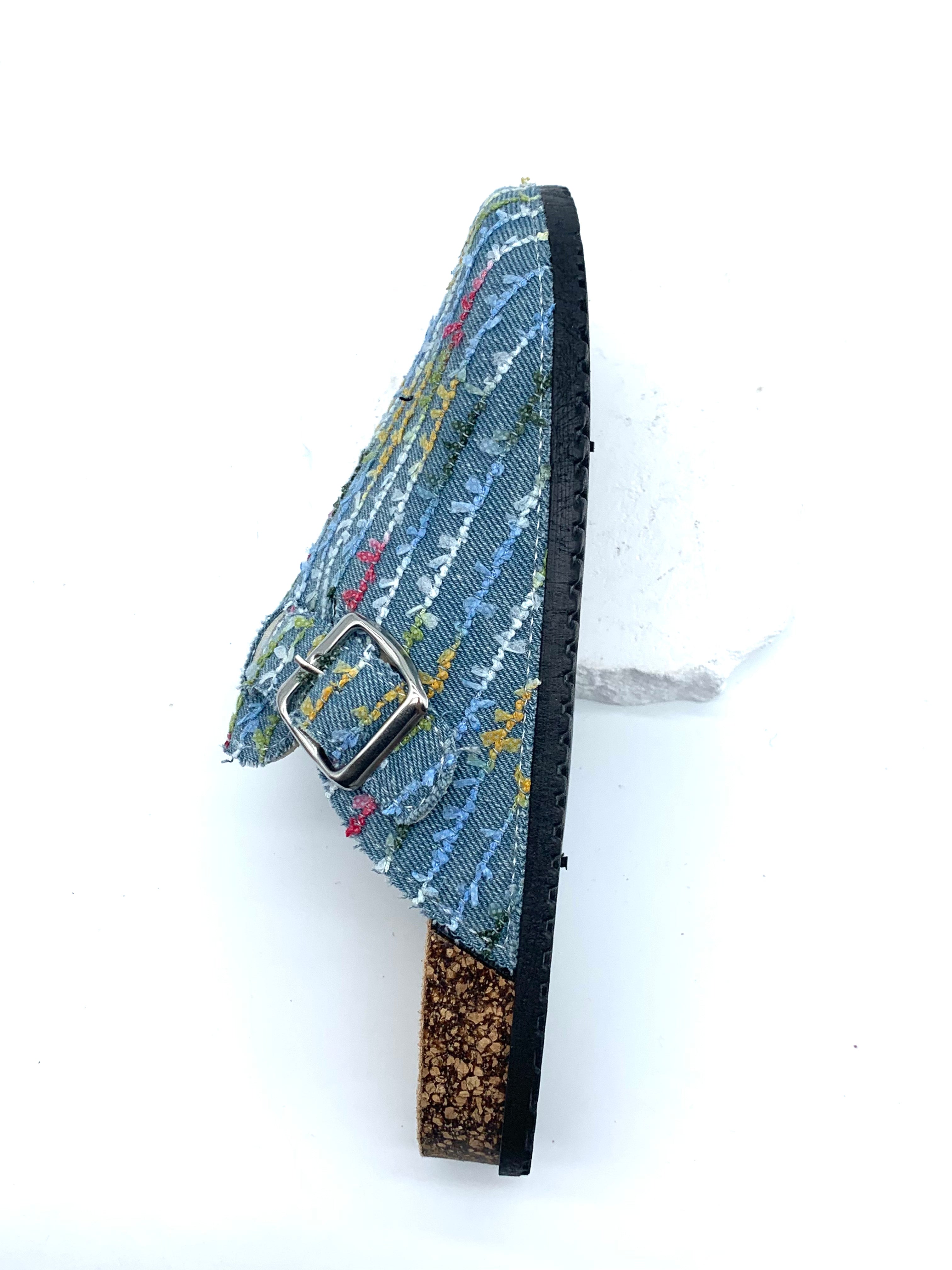 Denim Patchwork Cork Clogs On Feet - Rainbow Pieces-Micro suede insole
