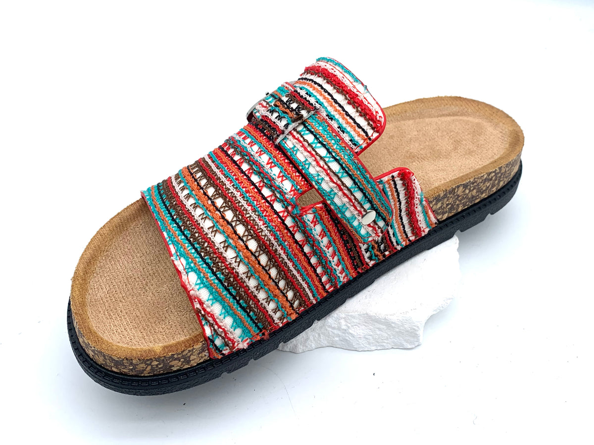 Boho Cork Slippers - Colorful Weave - Adjustable Buckle - Summer Style