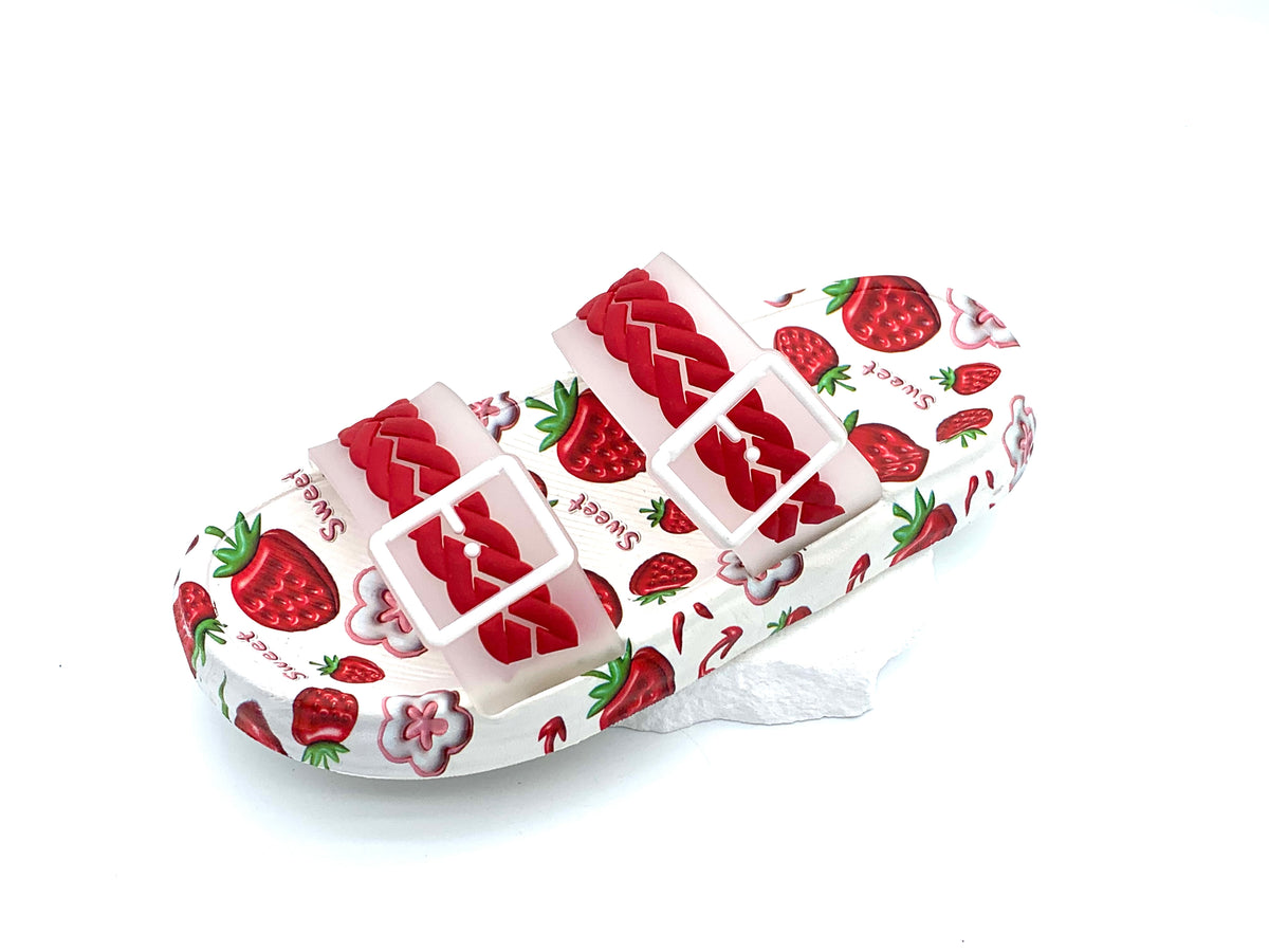 Women's Cute Strawberry Print Double Strap Slides