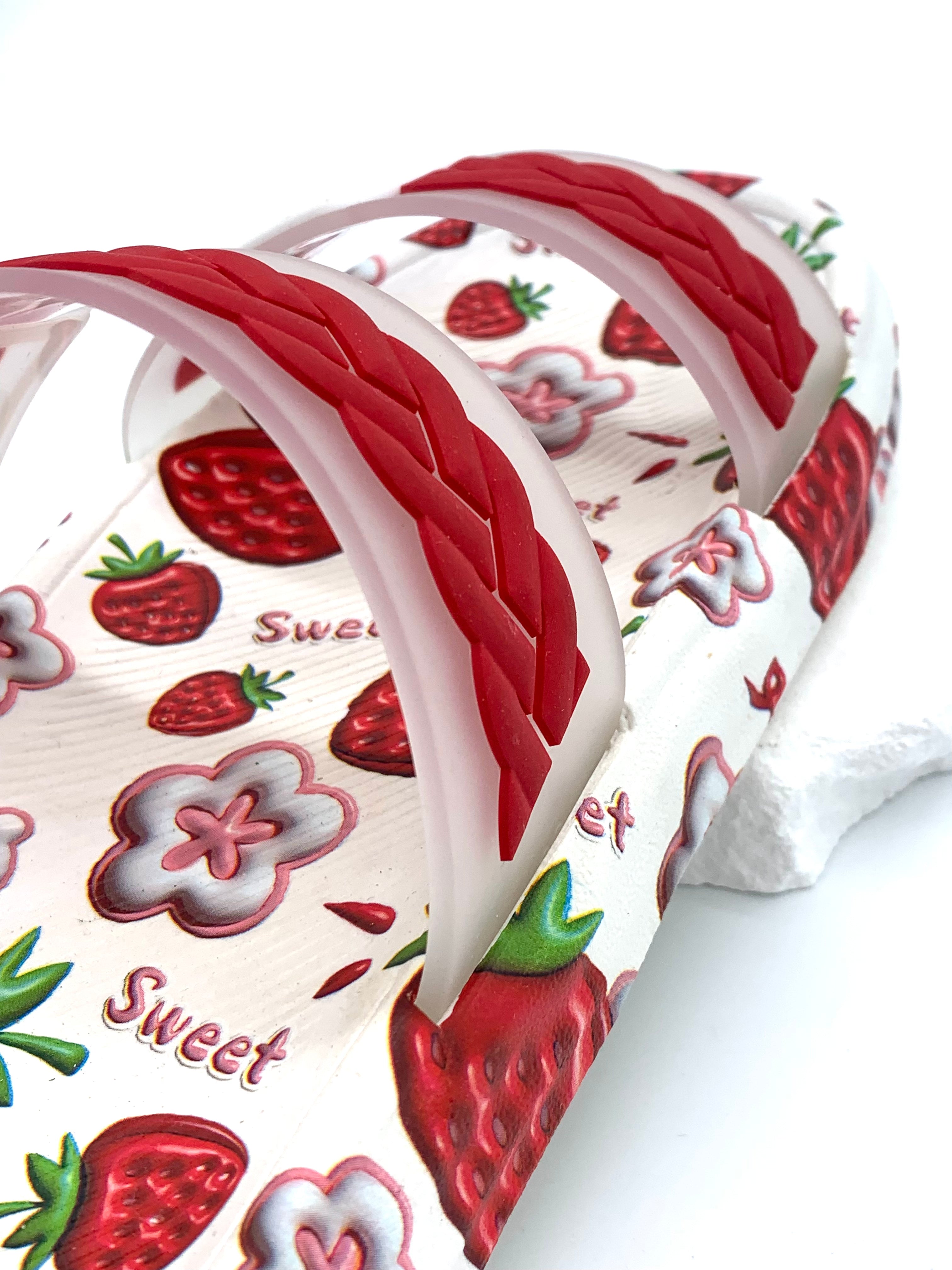 Women's Cute Strawberry Print Double Strap Slides