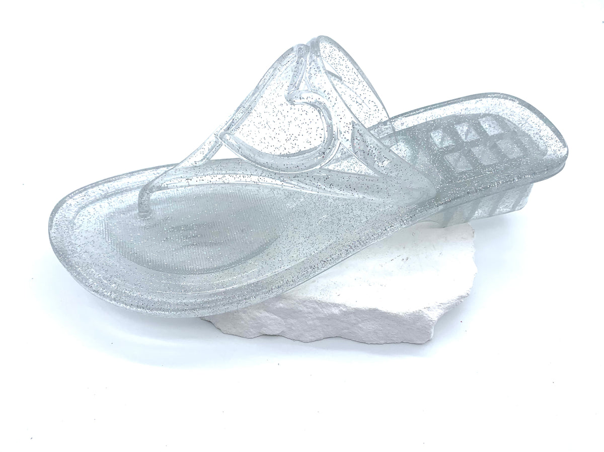Women's Clear Sequin Jelly Flip Flops with Heart-Shaped Straps