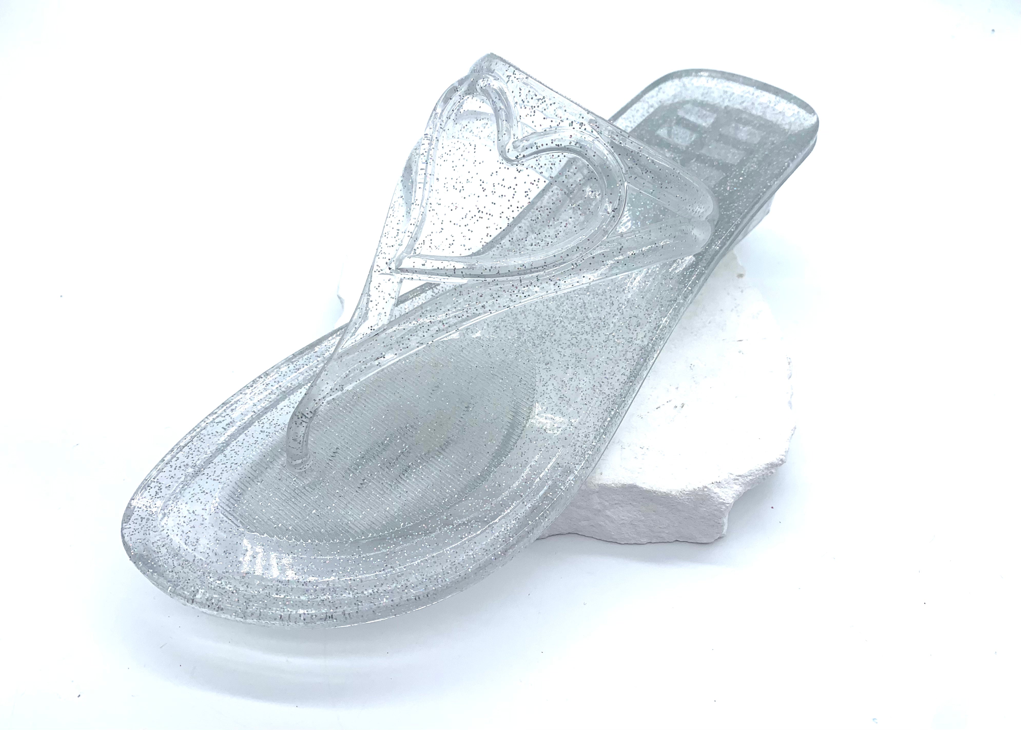 Women's Clear Sequin Jelly Flip Flops with Heart-Shaped Straps