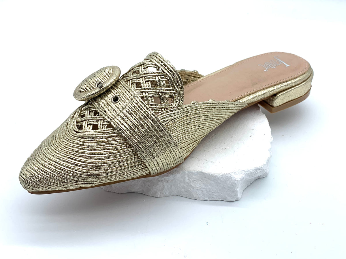 Gold braided pointy toe mules with buckle - perfect for everyday wear and trendy outfits