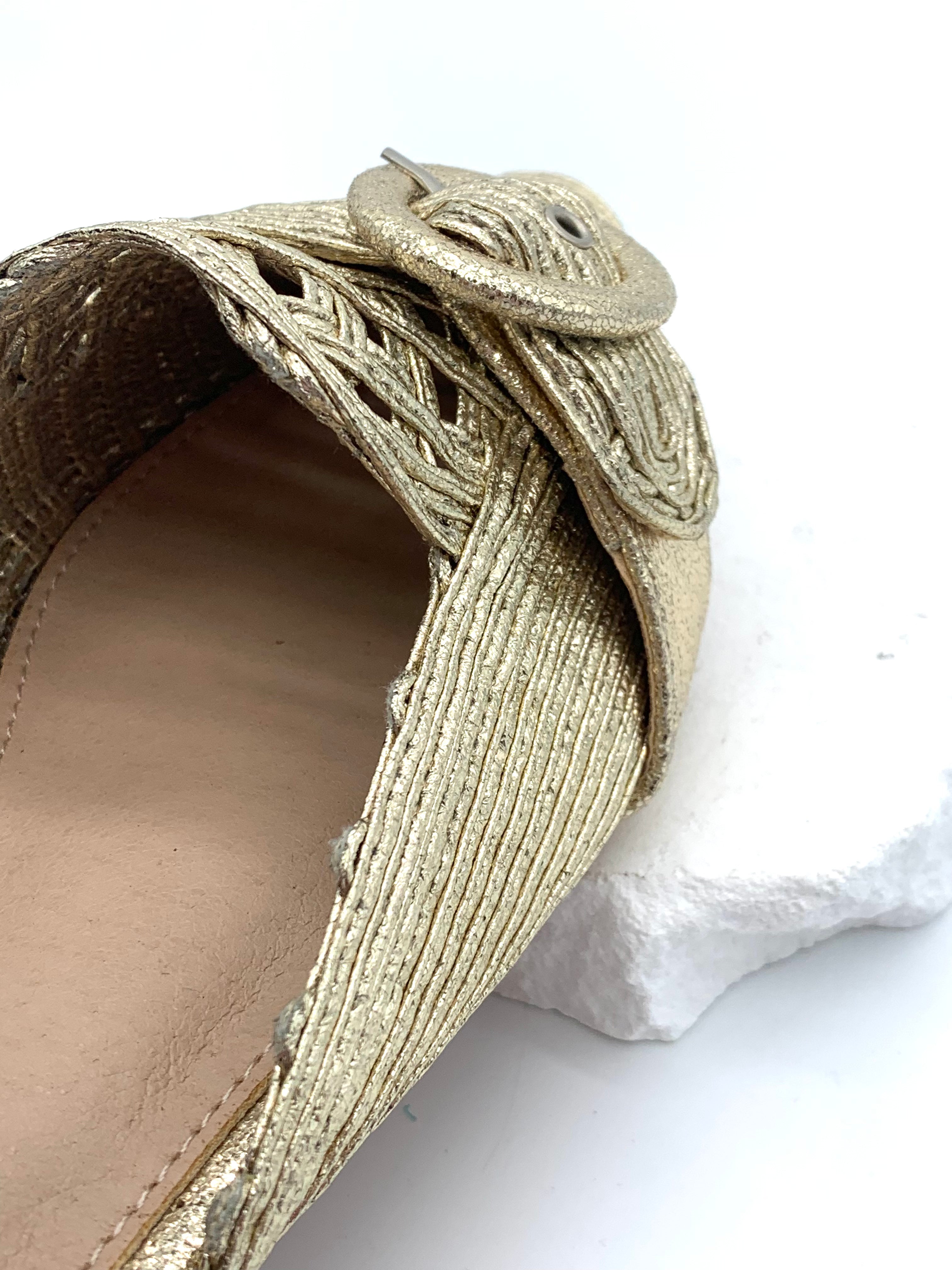 Gold braided pointy toe mules with buckle - perfect for everyday wear and trendy outfits
