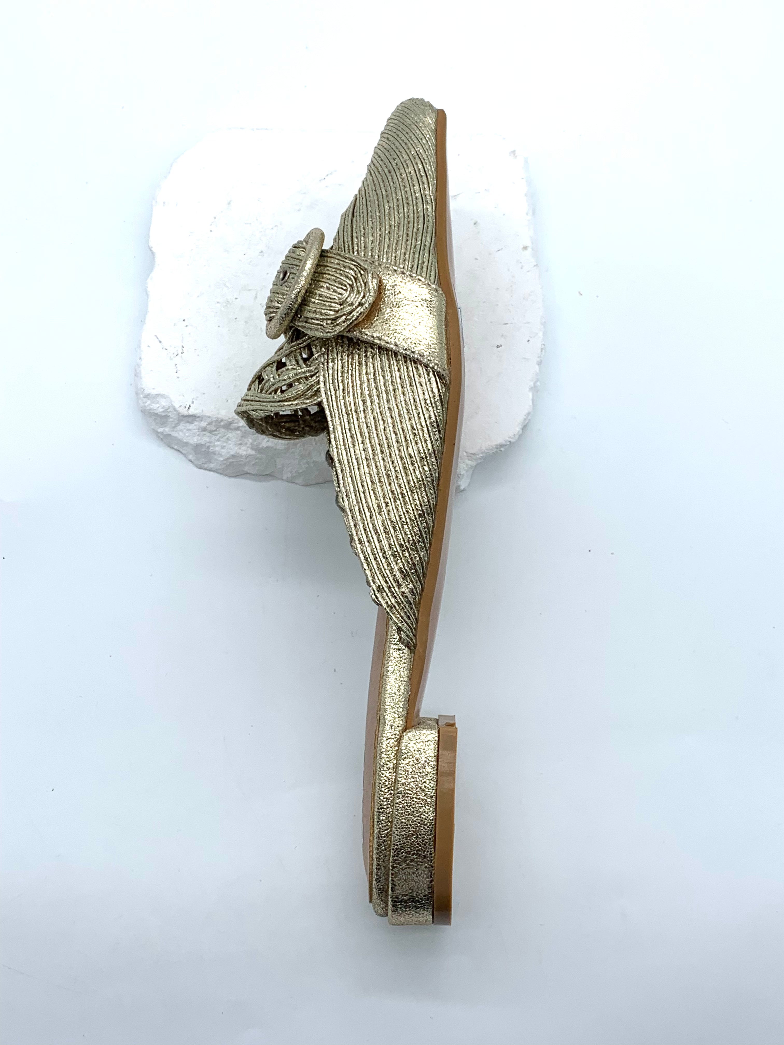 Gold braided pointy toe mules with buckle - perfect for everyday wear and trendy outfits