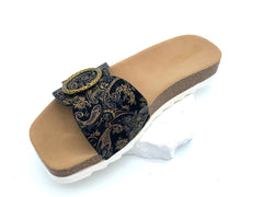 Women's Ethnic Metal Buckle Sandals - Black