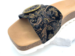 Women's Ethnic Metal Buckle Sandals - Black