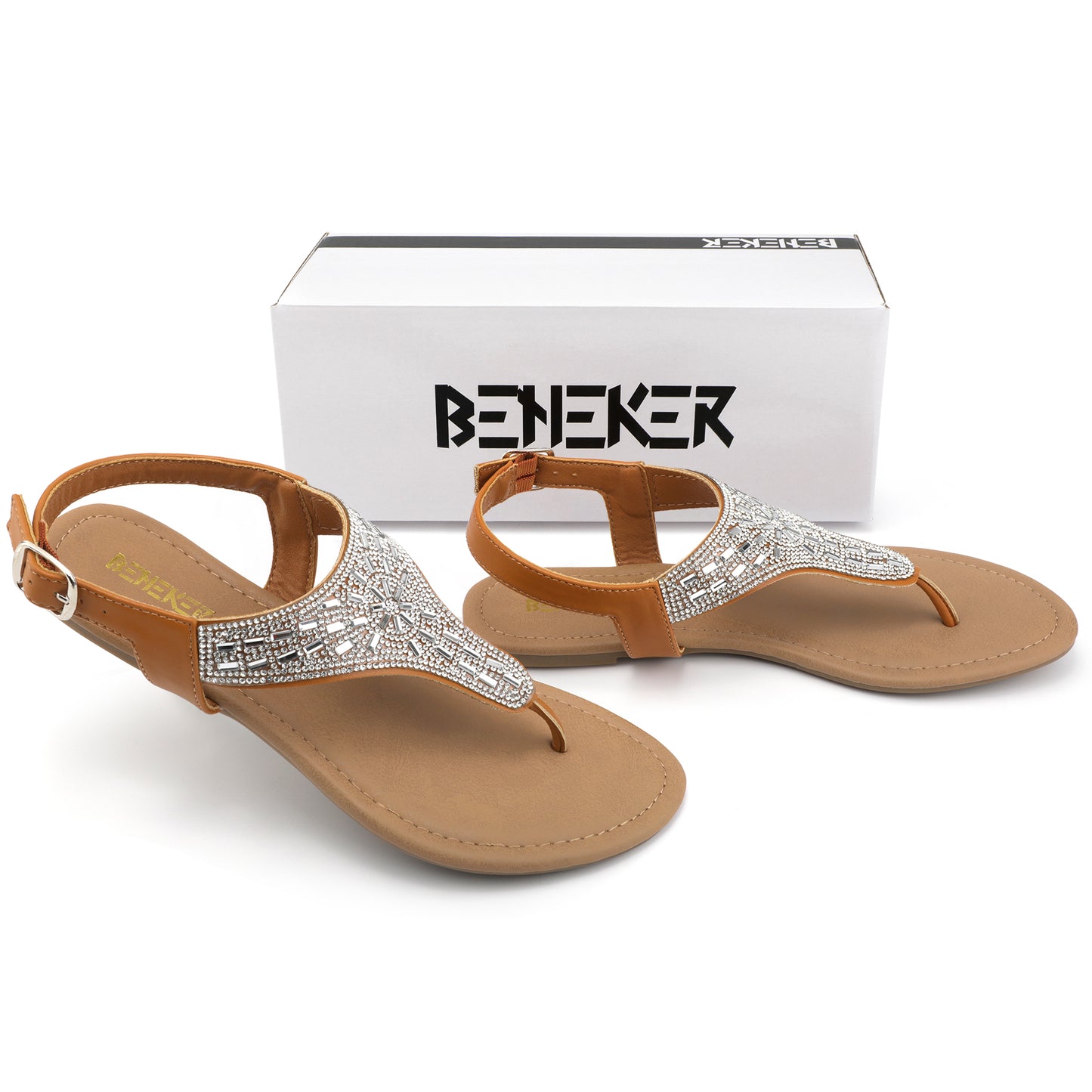 Women Rhinestone T-Strap Thong Flat Sandals Adjustable Buckle Ankle Strap Summer Beach Shoes