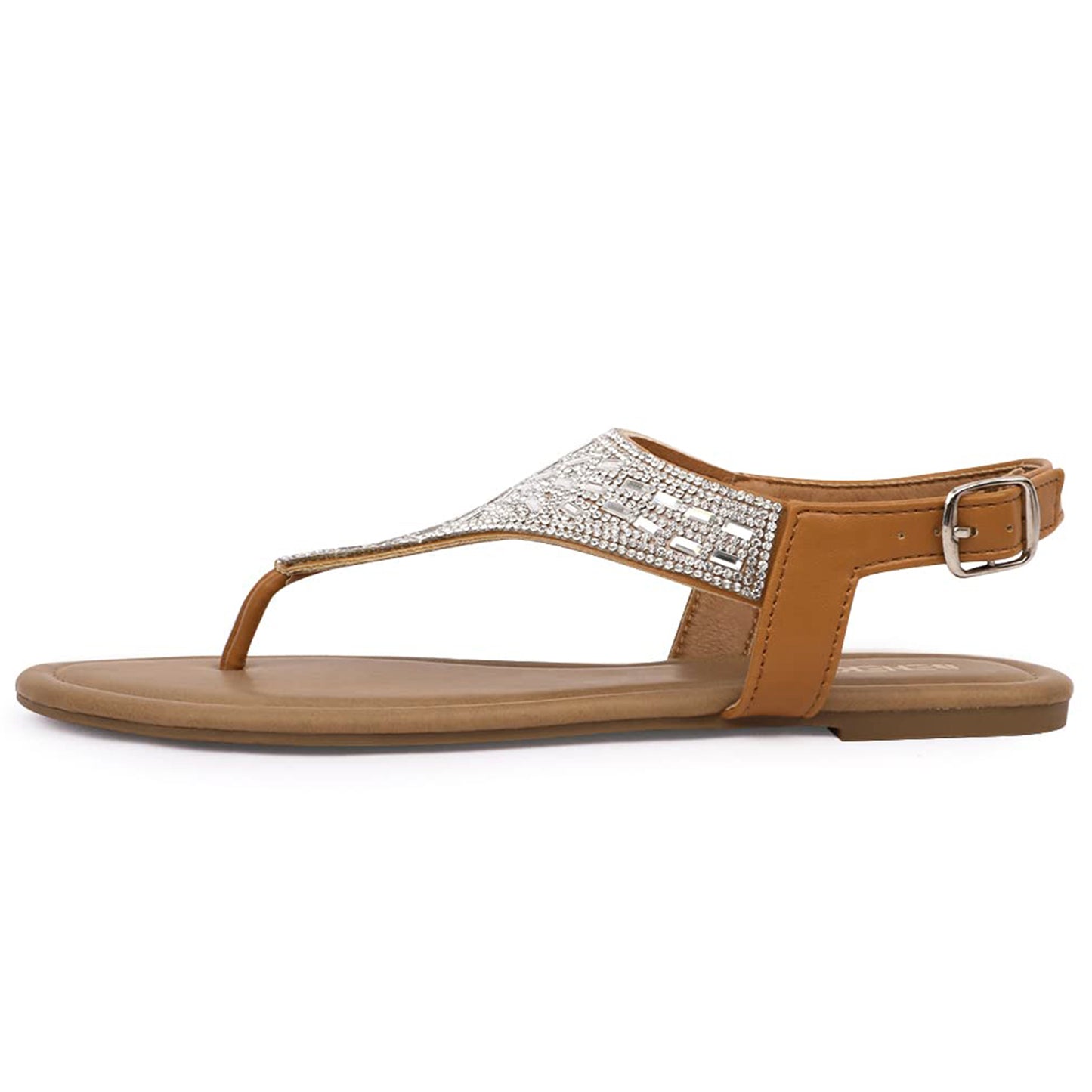 Women Rhinestone T-Strap Thong Flat Sandals Adjustable Buckle Ankle Strap Summer Beach Shoes