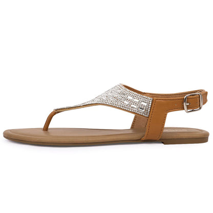 Women Rhinestone T-Strap Thong Flat Sandals Adjustable Buckle Ankle Strap Summer Beach Shoes