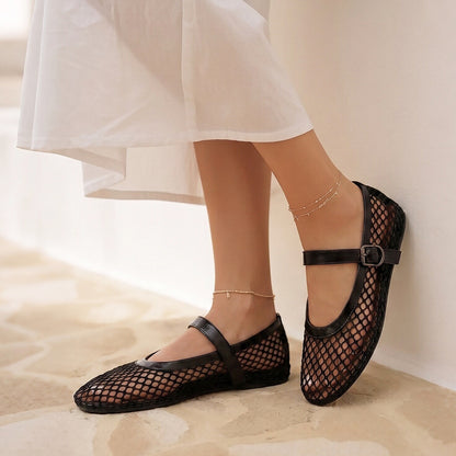 Women’s Mesh Mary Jane Ballet Flats Buckle Strap Comfort Shoes