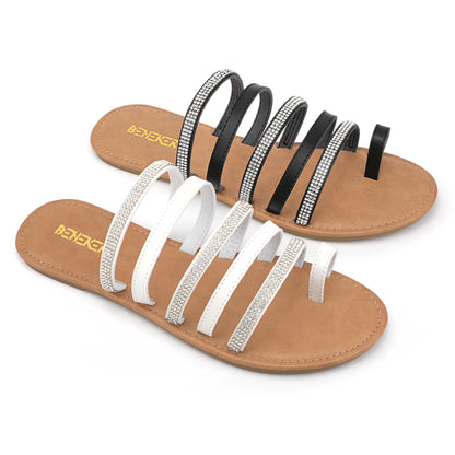 Women's Toe Ring Rhinestone Strappy Flats Casual Summer Beach  Slide Sandals