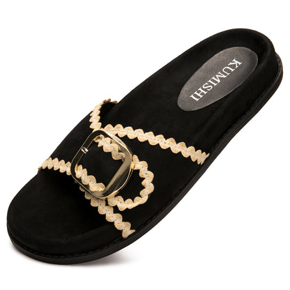 Womens Suede Gold Buckle Slide Sandals Boho-Chic