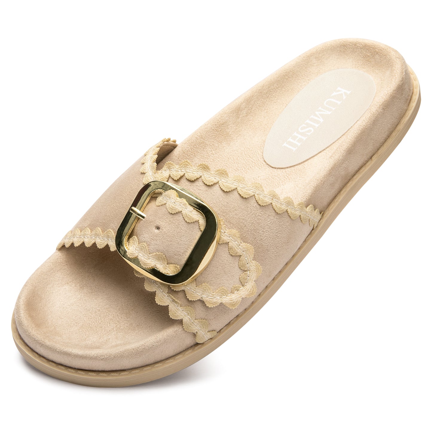 Womens Suede Gold Buckle Slide Sandals Boho-Chic