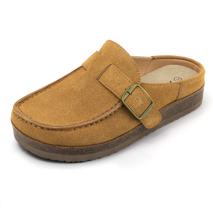 FunkyMonkey Women Suede Mules Low Block Heel Cork Footbed Casual Shoes