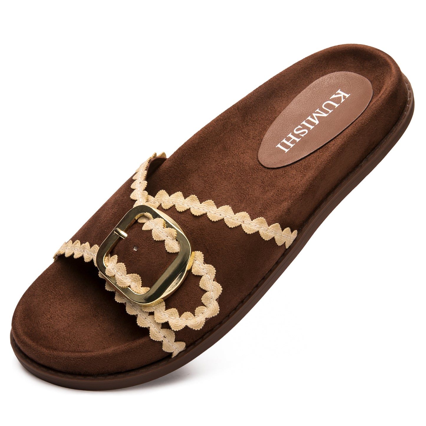 Womens Suede Gold Buckle Slide Sandals Boho-Chic