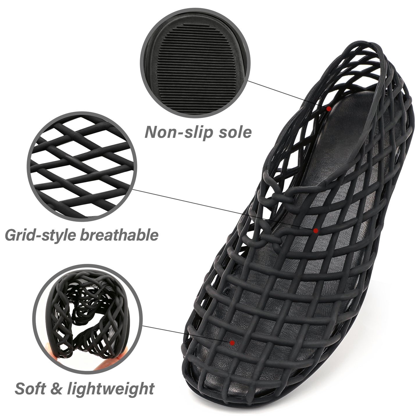 Soft Black Mesh Ballet Flats – Slip-On Chic Comfort Sandals