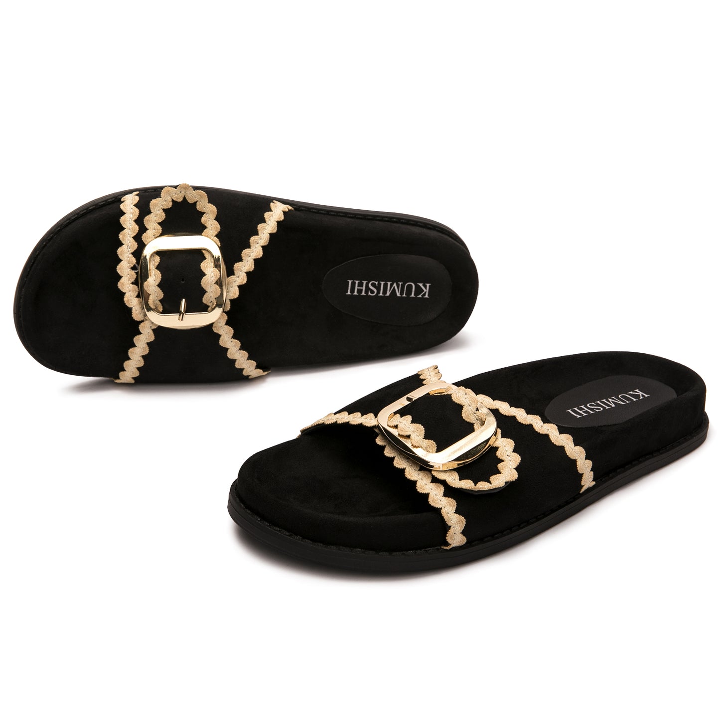 Womens Suede Gold Buckle Slide Sandals Boho-Chic