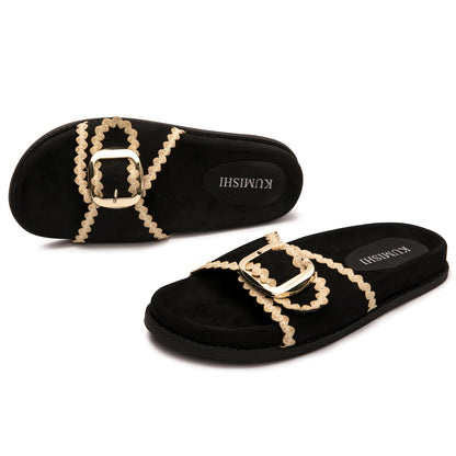Womens Suede Gold Buckle Slide Sandals Boho-Chic