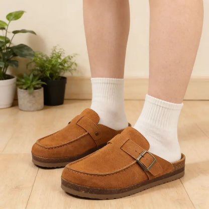 Women's Suede Clogs Adjustable Buckle Cork Footbed Mules Comfortable Slip On Sandals