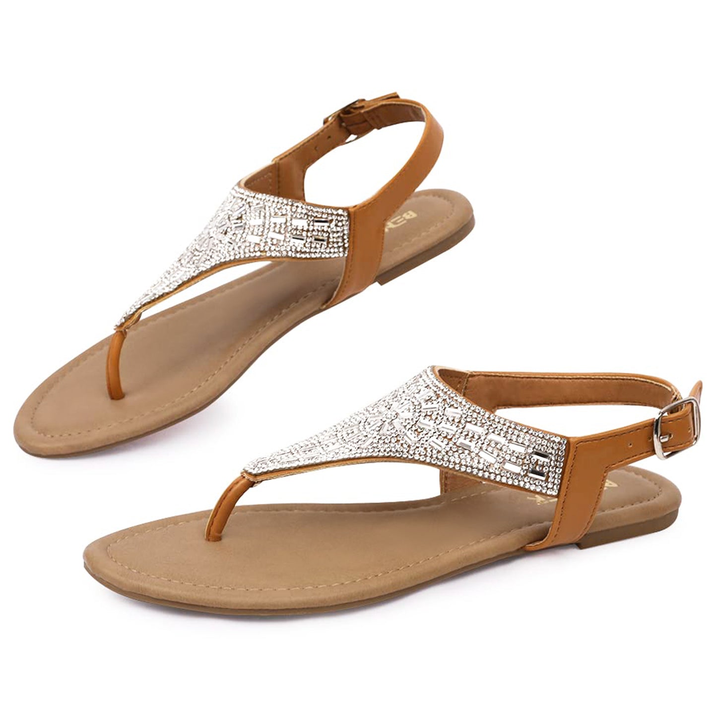 Women Rhinestone T-Strap Thong Flat Sandals Adjustable Buckle Ankle Strap Summer Beach Shoes