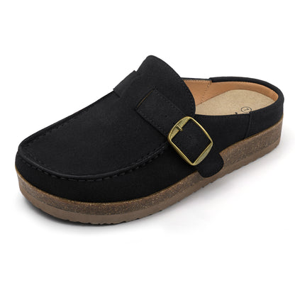 FunkyMonkey Women Suede Mules Low Block Heel Cork Footbed Casual Shoes