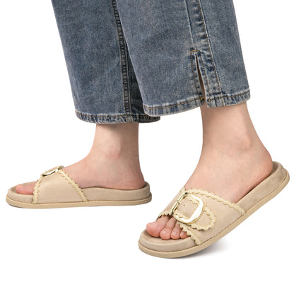Womens Suede Gold Buckle Slide Sandals Boho-Chic