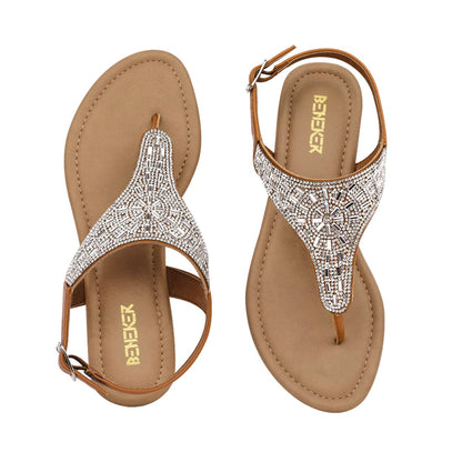 Women Rhinestone T-Strap Thong Flat Sandals Adjustable Buckle Ankle Strap Summer Beach Shoes