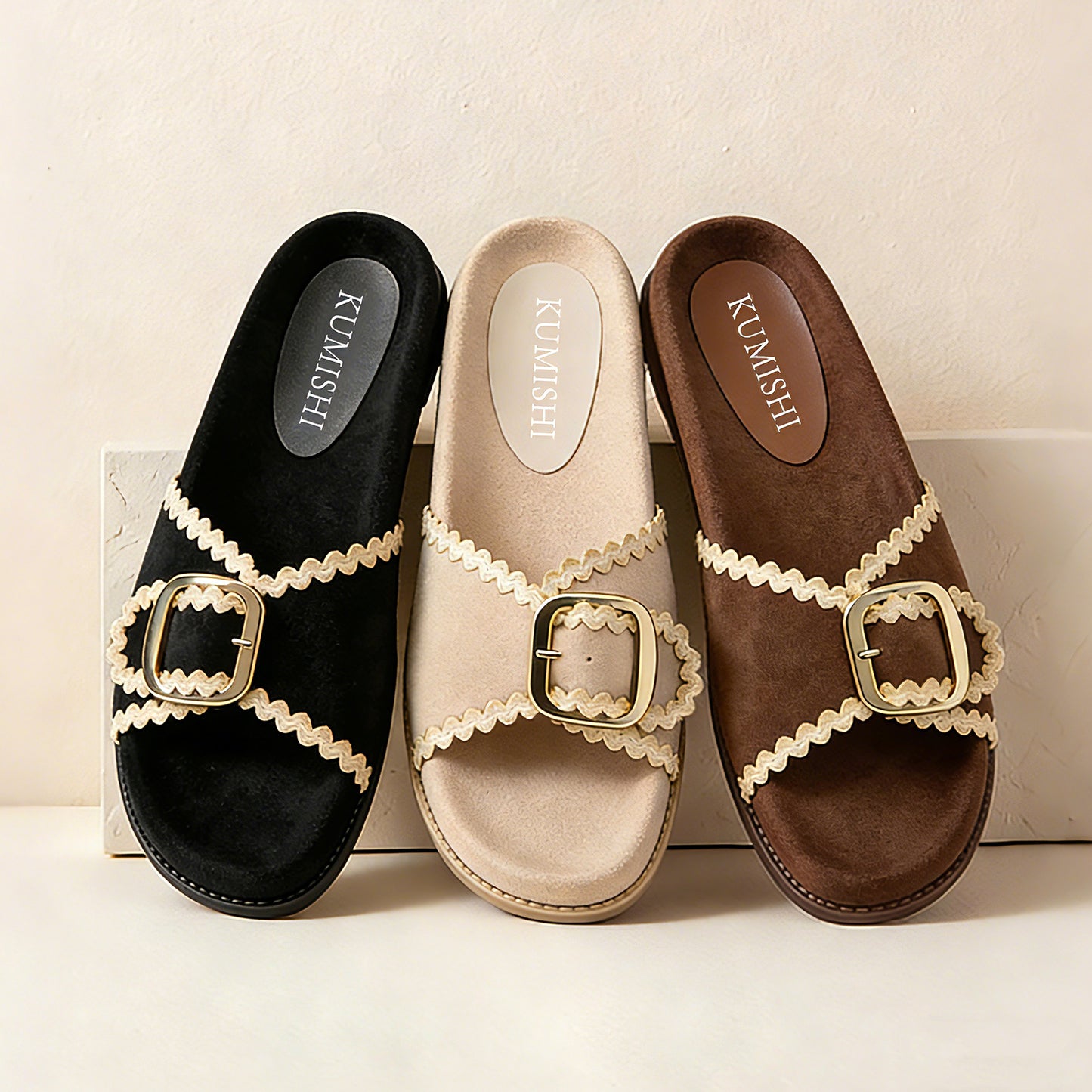 Womens Suede Gold Buckle Slide Sandals Boho-Chic