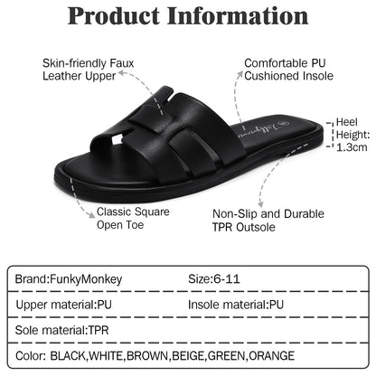 Women's Flat Slide Sandals H-Strap Square Toe Shape Non-slip Summer Beach Shoes