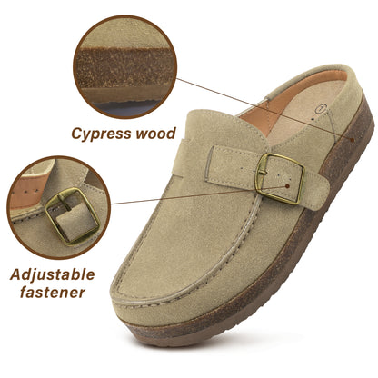 FunkyMonkey Women Suede Mules Low Block Heel Cork Footbed Casual Shoes