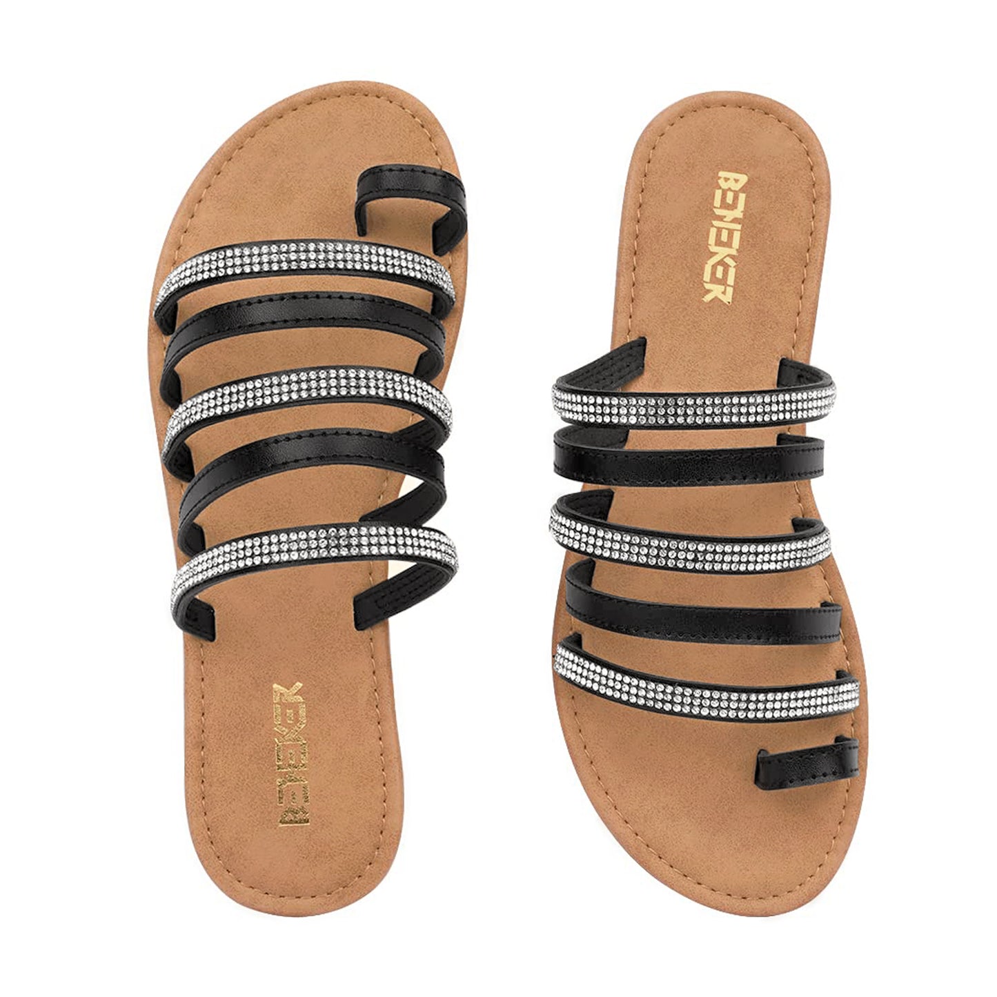 Women's Toe Ring Rhinestone Strappy Flats Casual Summer Beach  Slide Sandals