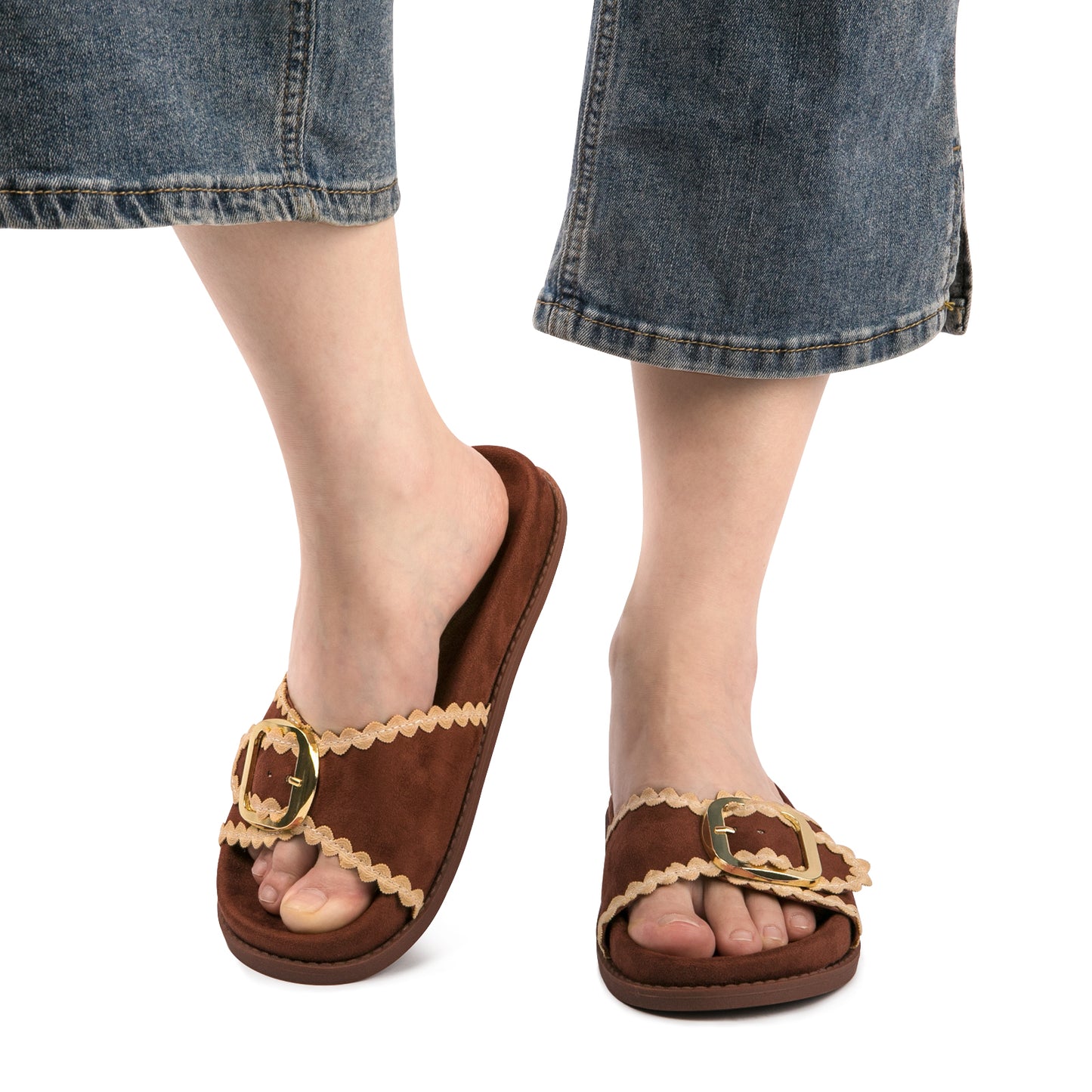 Womens Suede Gold Buckle Slide Sandals Boho-Chic