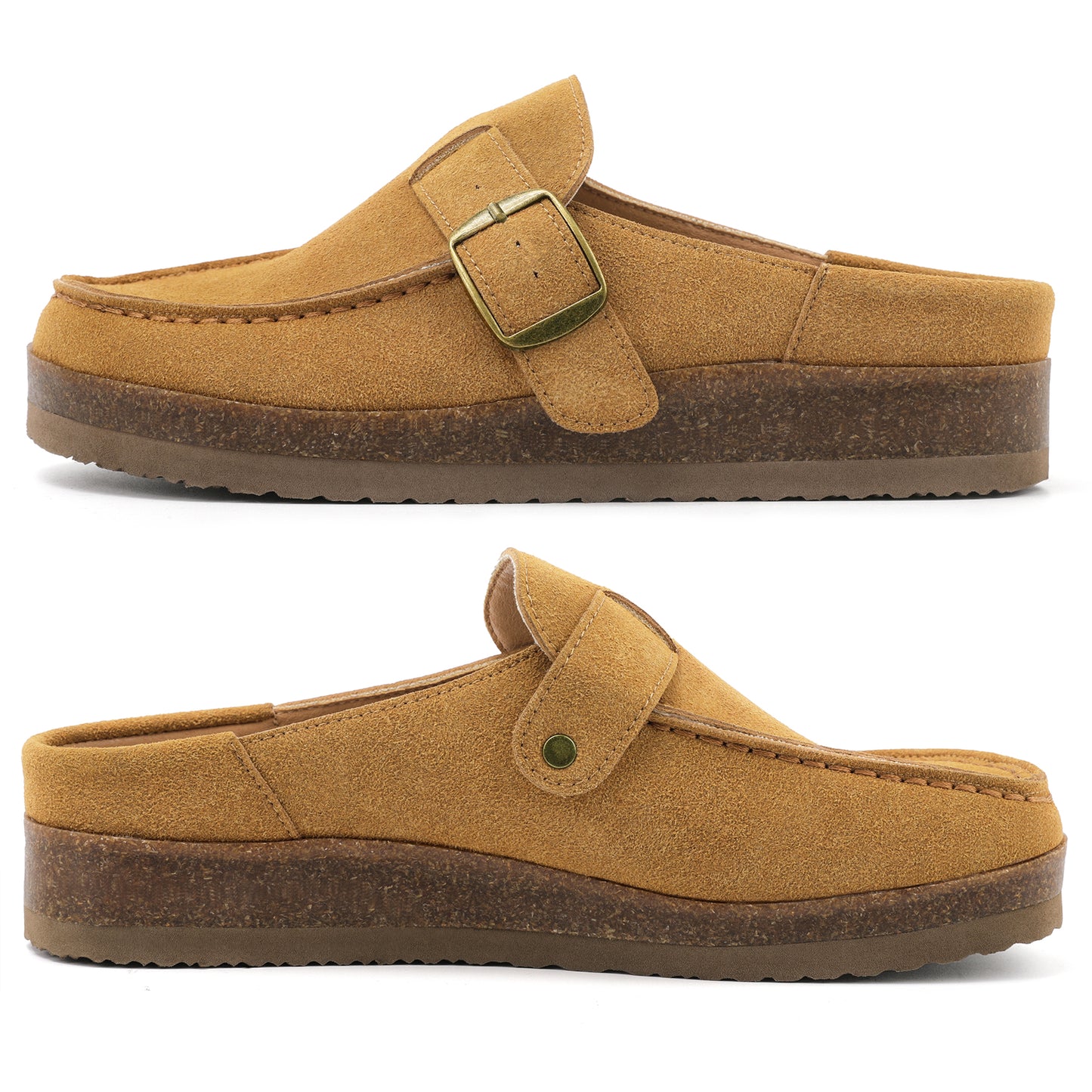 FunkyMonkey Women Suede Mules Low Block Heel Cork Footbed Casual Shoes