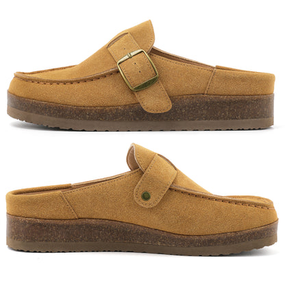 FunkyMonkey Women Suede Mules Low Block Heel Cork Footbed Casual Shoes
